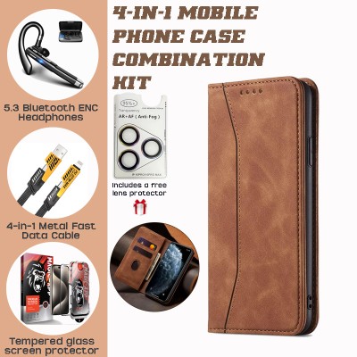 WITTYCOMBOFLIP RETRO LEATHER PHONE CASE KIT: MagSafe Case,  Earbuds, Charger, & Easy-Fit Lens Protector