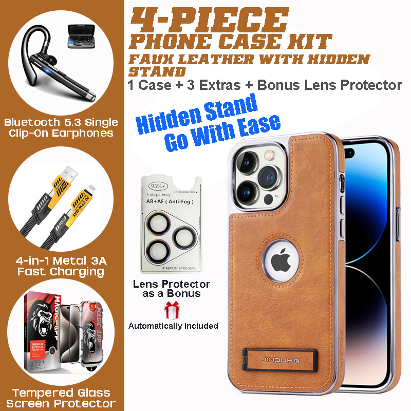 4-in-1 PU Leather iPhone Business Case Set with Invisible Stand & Accessories by WITTYCOMBO