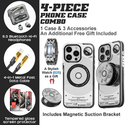 Retro American Phone Case Bundle: Magnetic Case, BT Earbuds & LED Watch