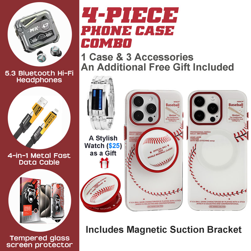 Baseball iPhone Case Bundle: Magnetic Case, BT Earbuds & Fast Charging Cable Baseball iPhone Case Bundle: Magnetic Case, BT Earbuds & Fast Charging Cable