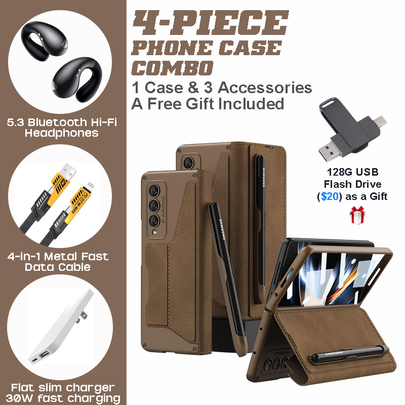 Samsung Galaxy Z Fold4/Z Fold5 Premium 4-Piece Combo - PC & Leather Case, Earbuds, Charger, Cable, and Bonus USB Drive Samsung Galaxy Z Fold4/Z Fold5 Premium 4-Piece Combo - PC & Leather Case, Earbuds, Charger, Cable, and Bonus USB Drive